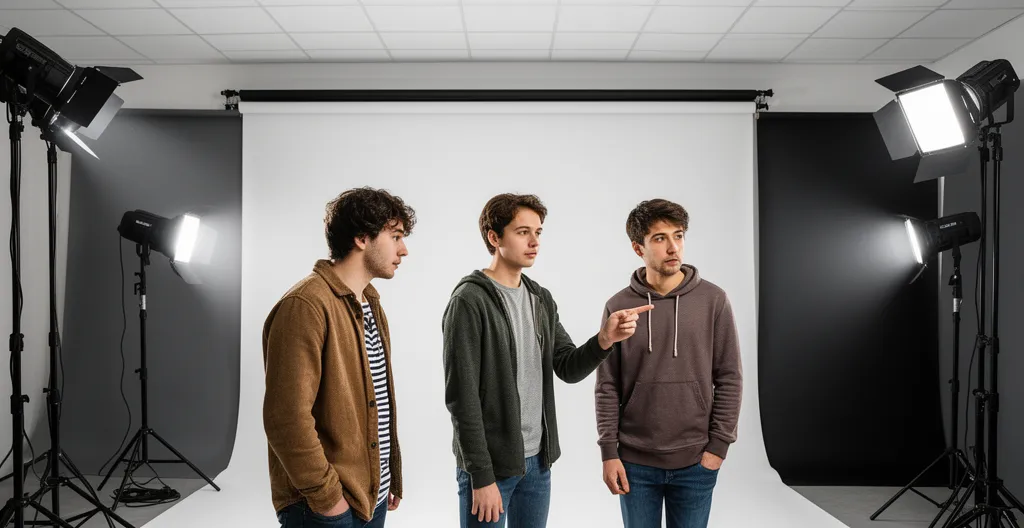 Groupe d'étudiants observant une installation d'éclairage studio